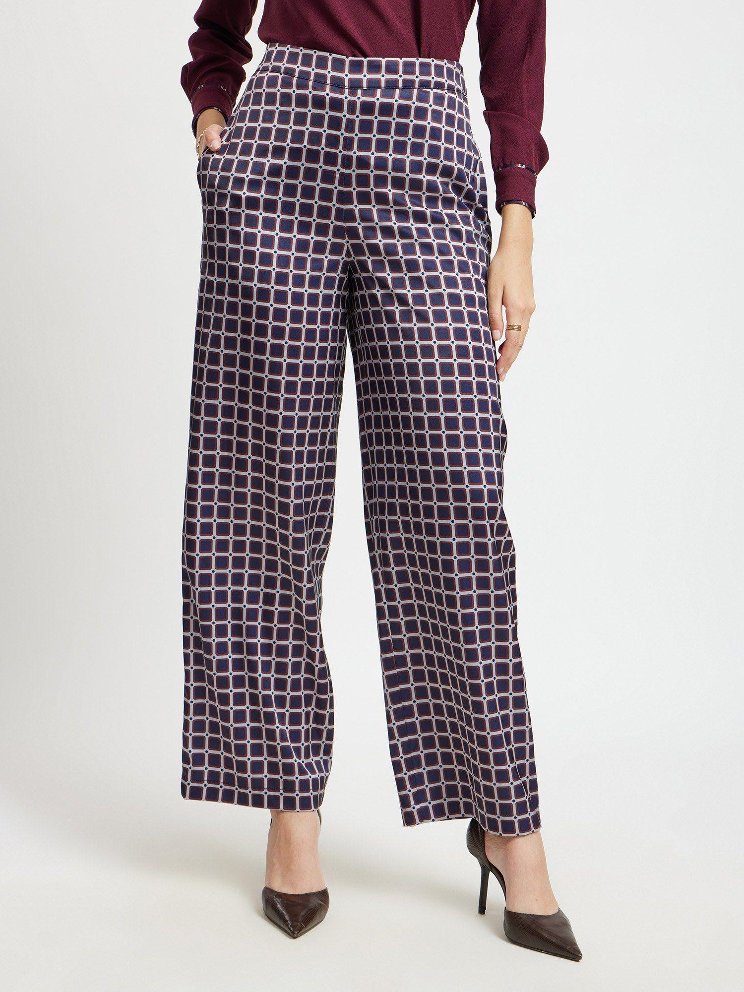 satin geometric print trouser - navy and maroon