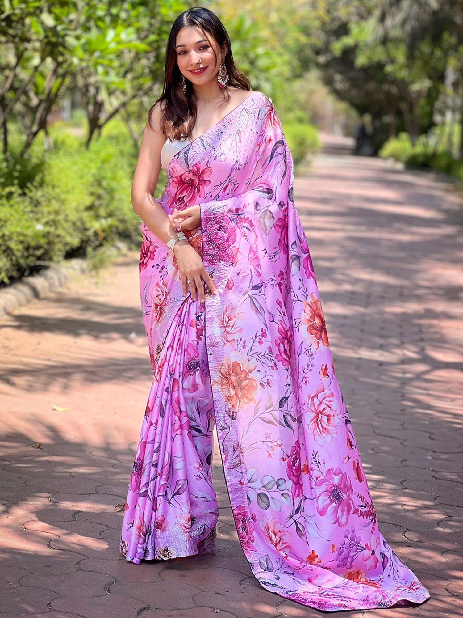 satin georgette pink colour floral digital print saree with unstitched blouse