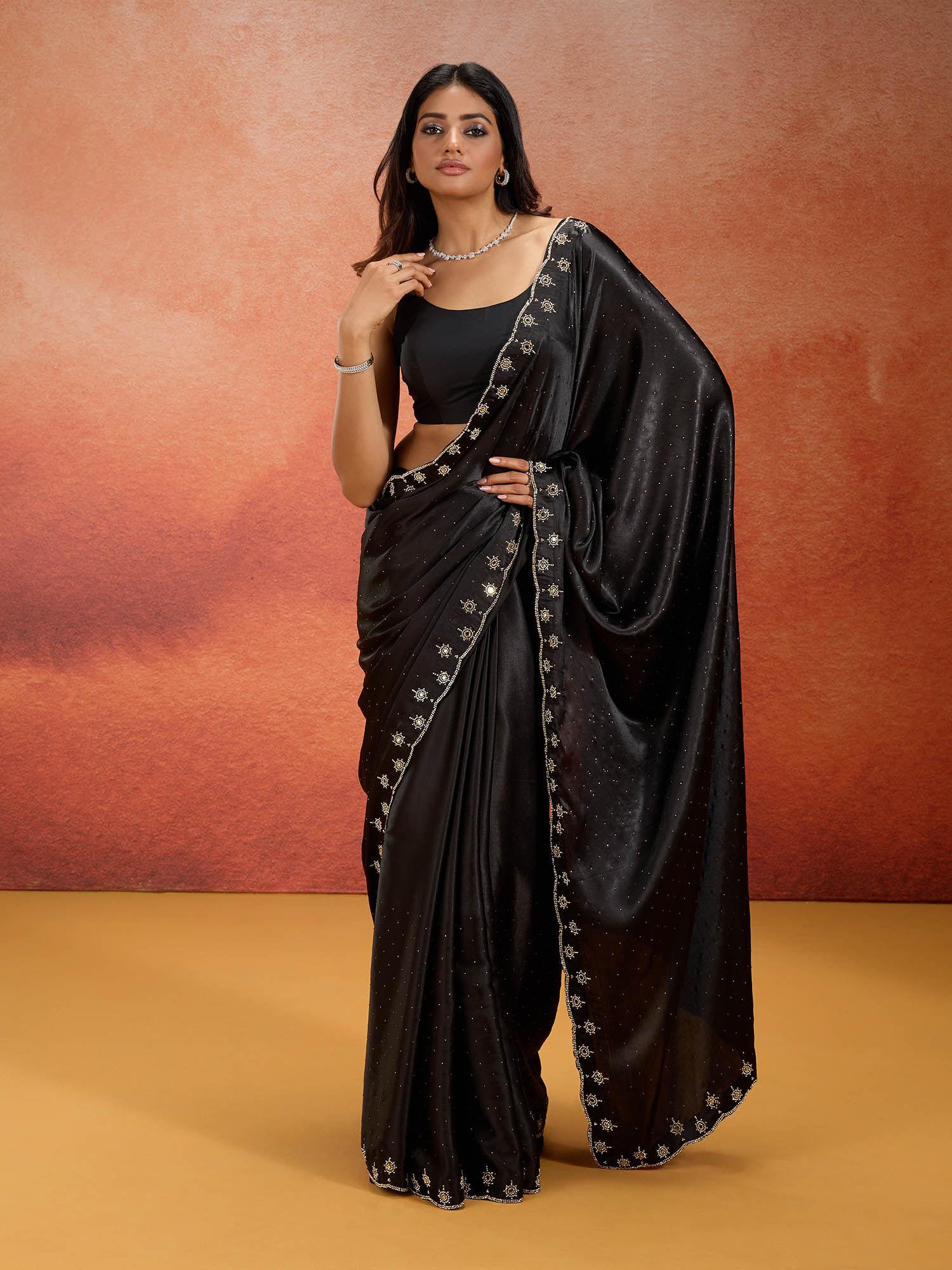 satin heavy border embellished black saree with unstitched blouse likparsar20