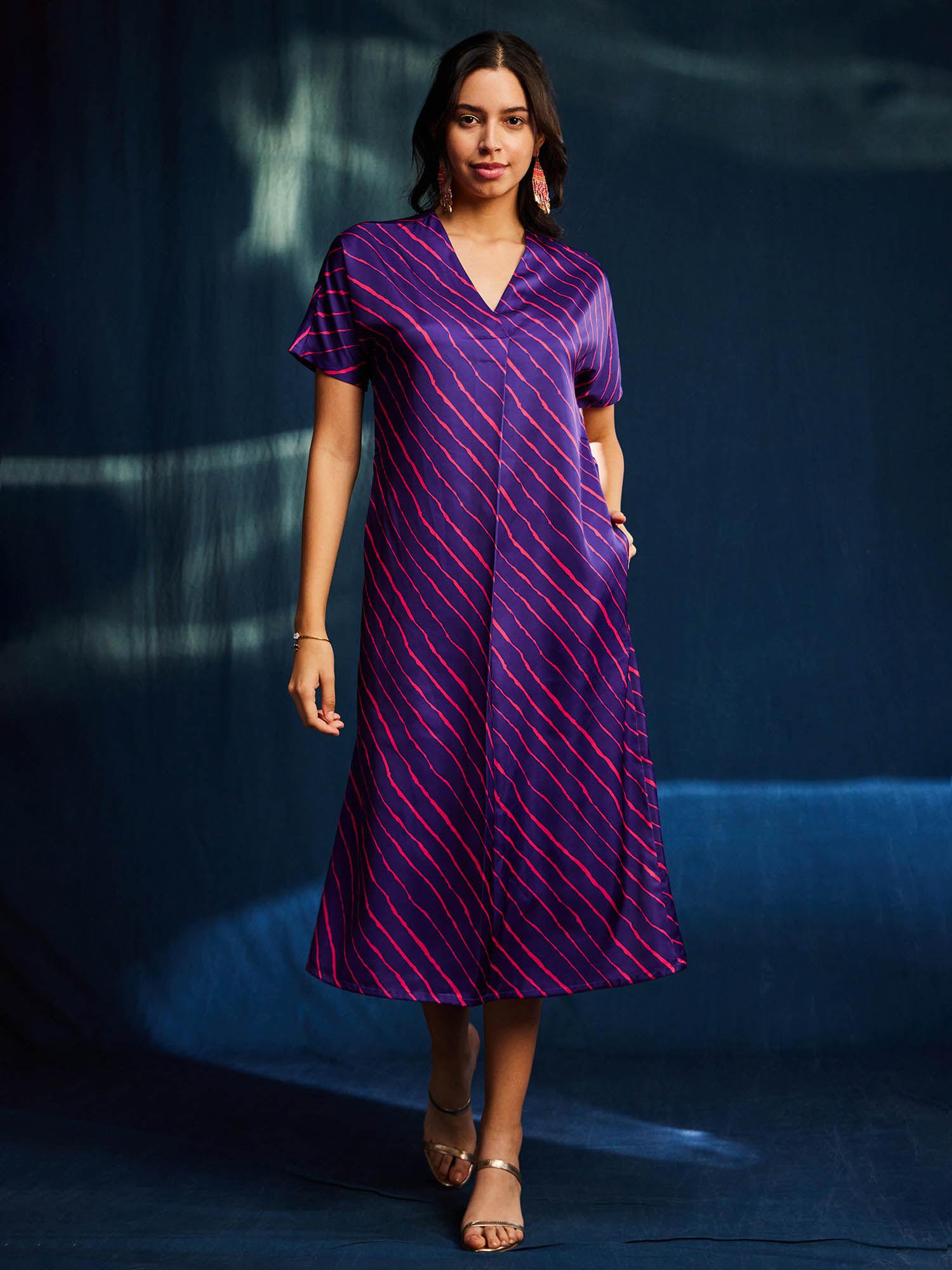 satin leheriya printed half sleeves purple midi dress
