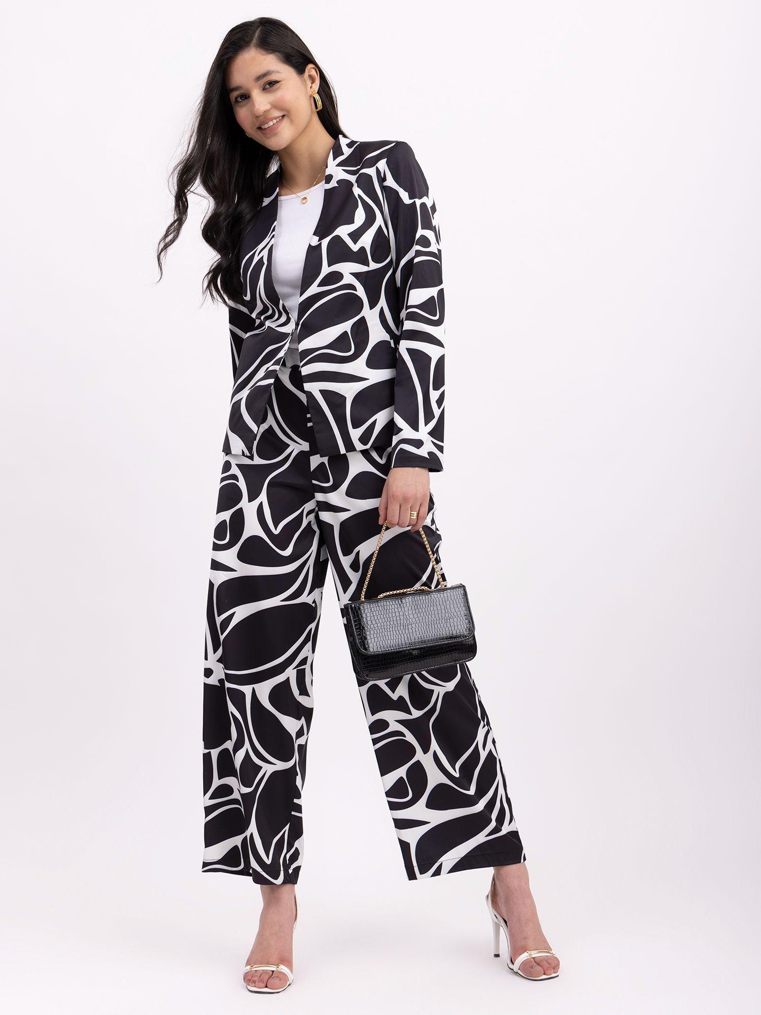 satin lined jacket and pants co-ord - black and white (set of 2)