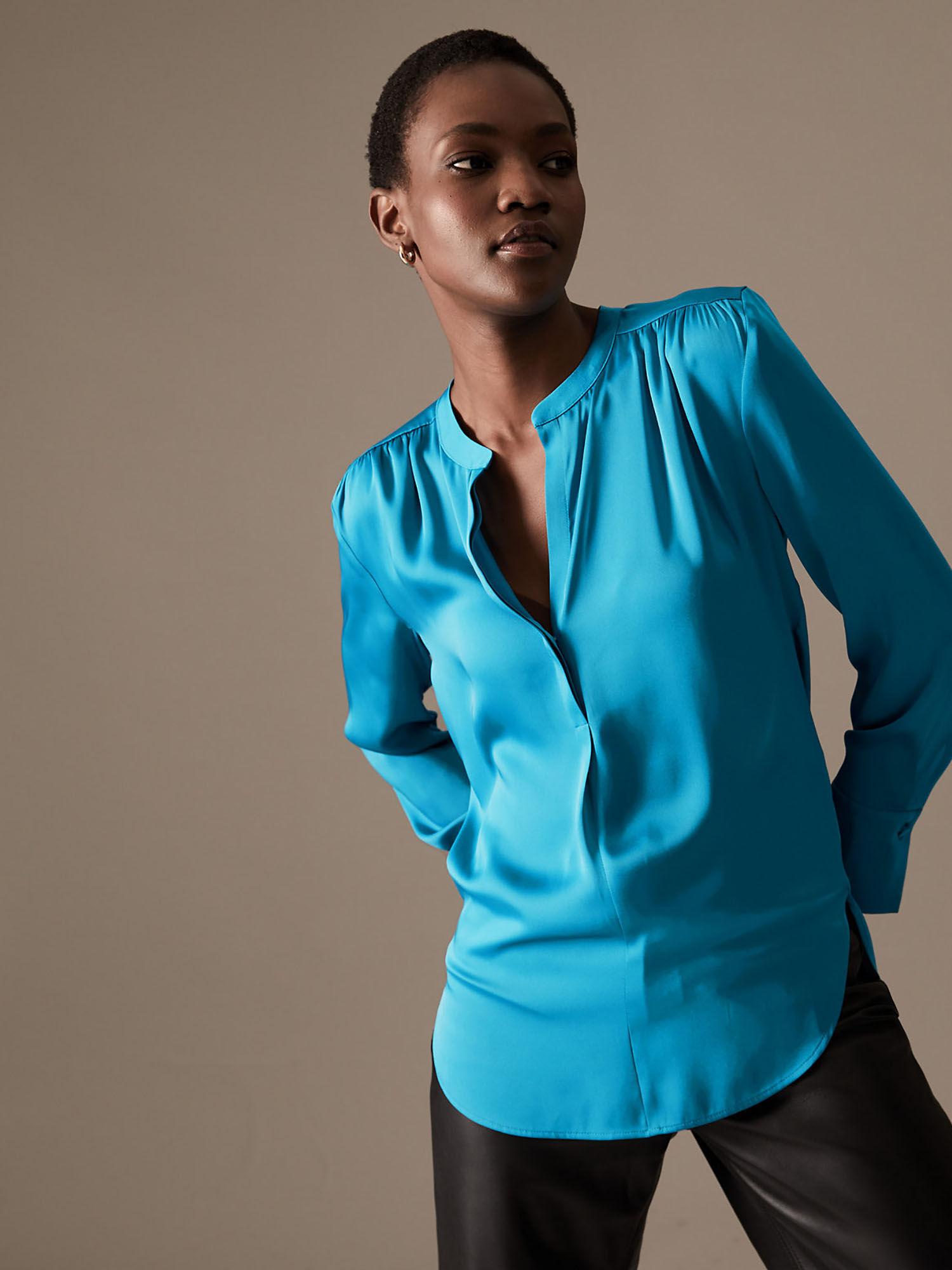 satin notch neck blue popover blouse