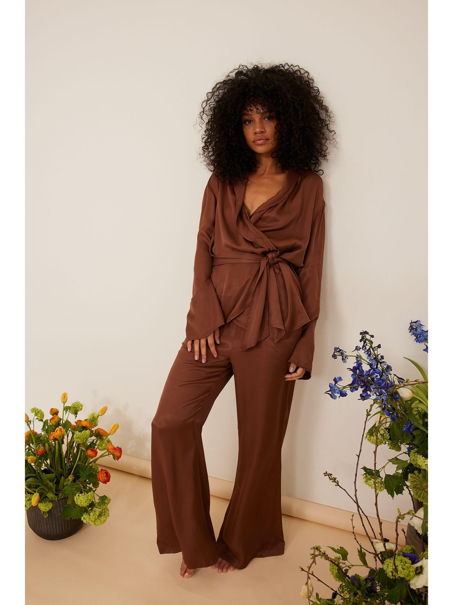 satin oversized pyjamas pants-brown