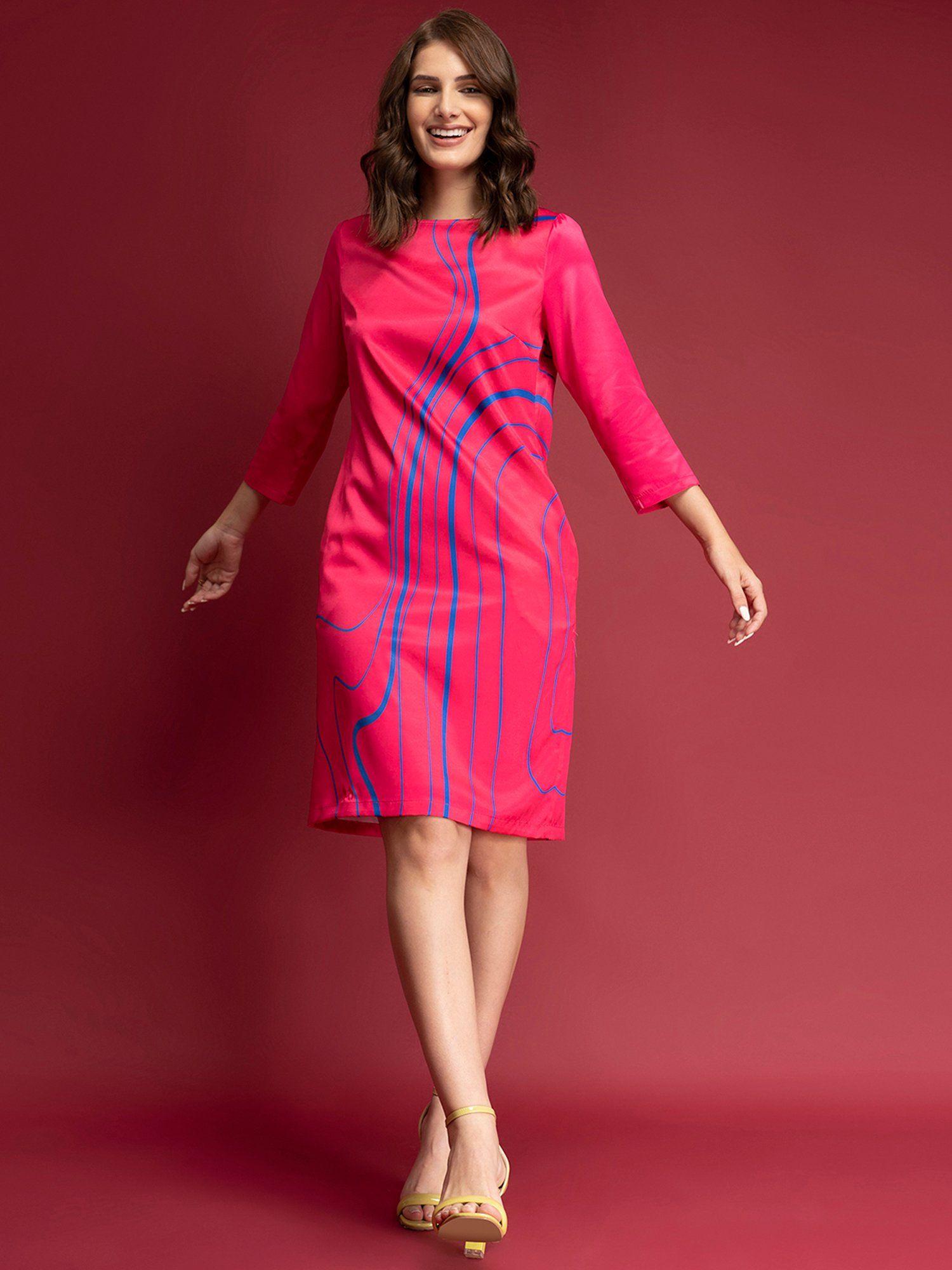 satin placement print shift dress - pink and blue