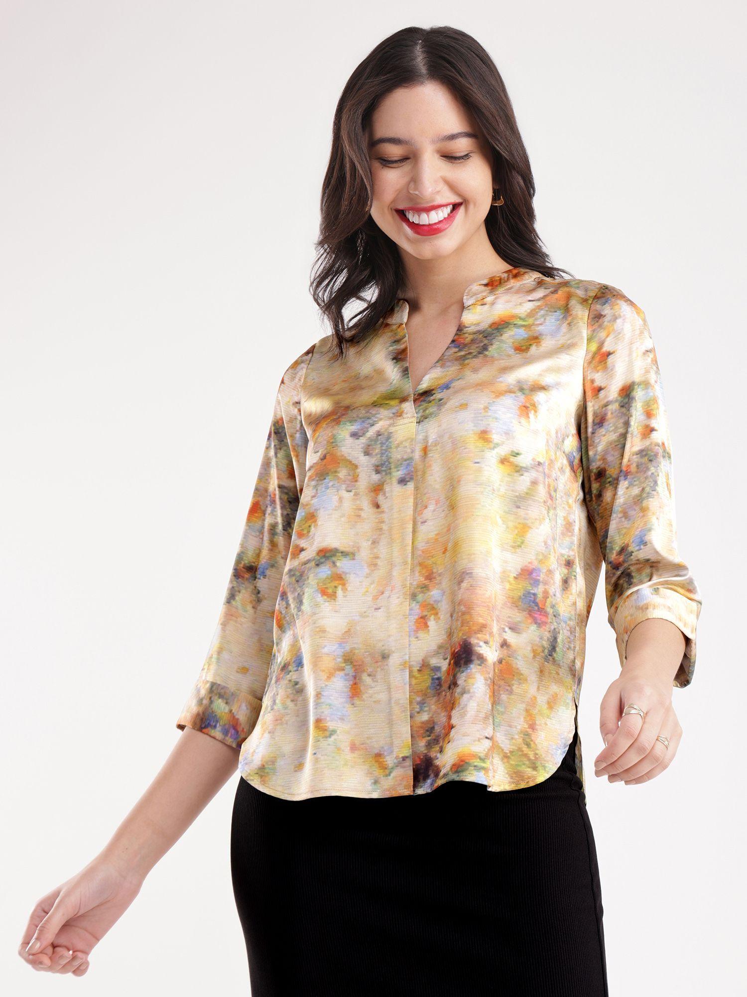 satin print top - beige