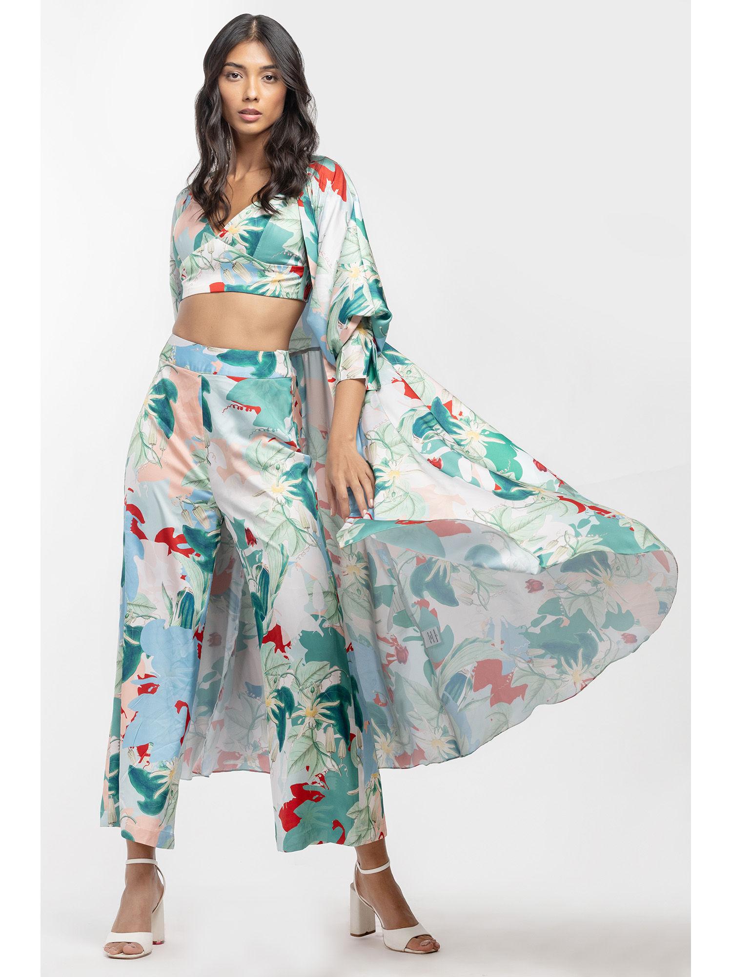 satin printed jacket with pants and bustier green (set of 3)