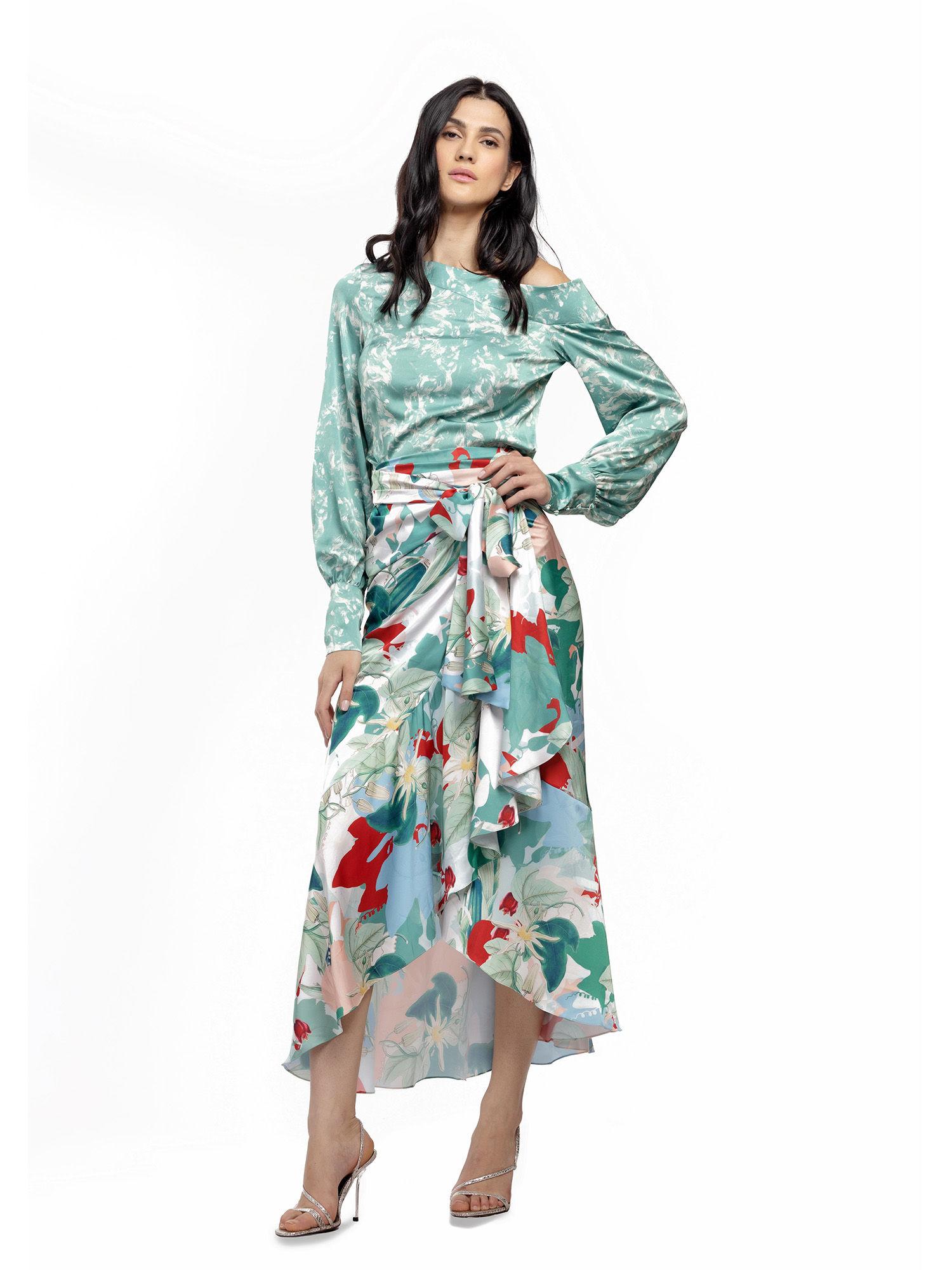 satin printed off shoulder top with wrap skirt green (set of 2)