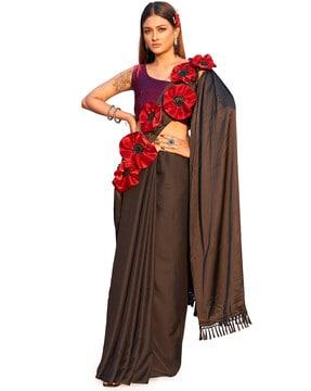 satin saree with applique flowers on shoulder