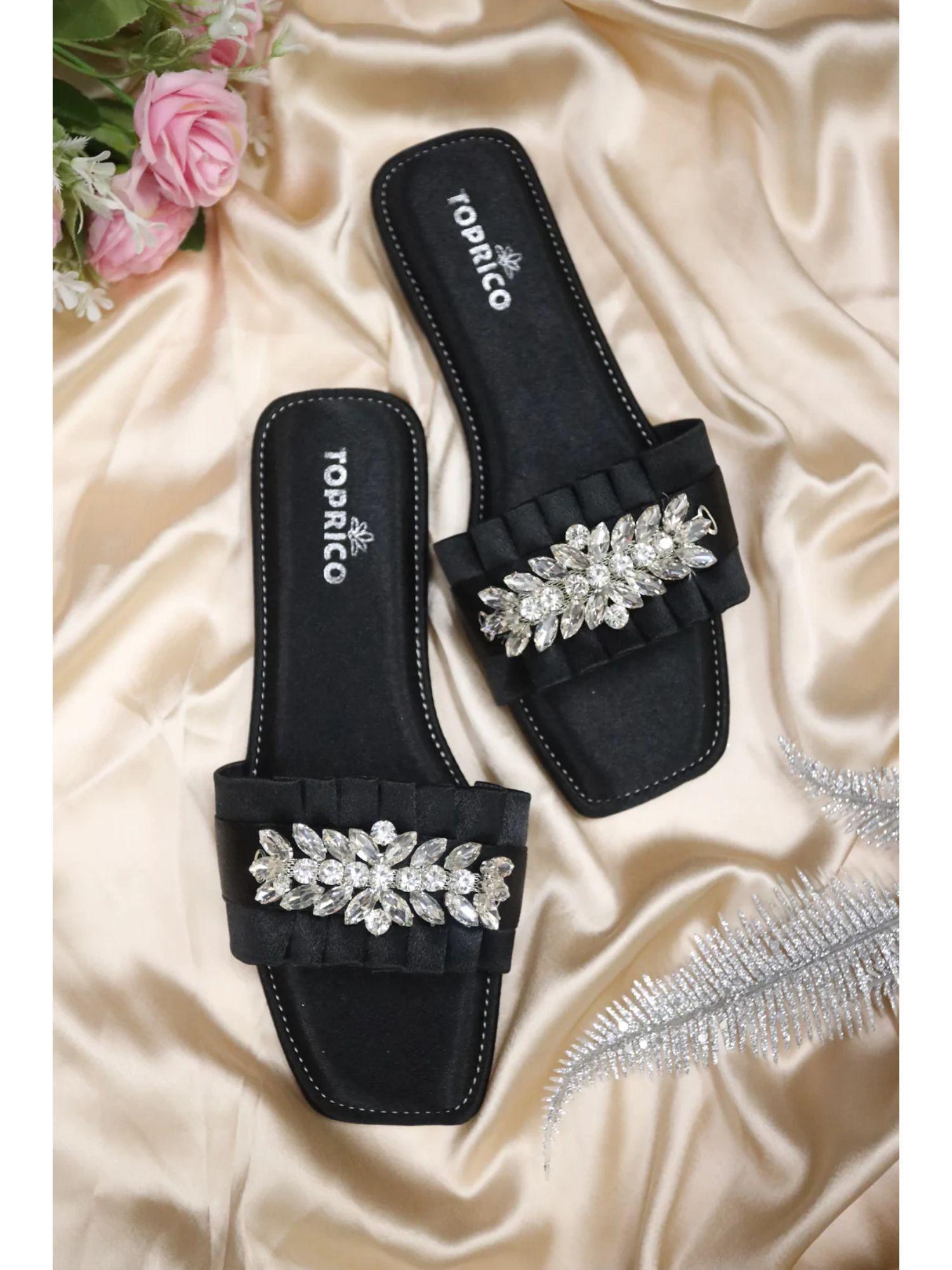 satin sparkle embellished black flat