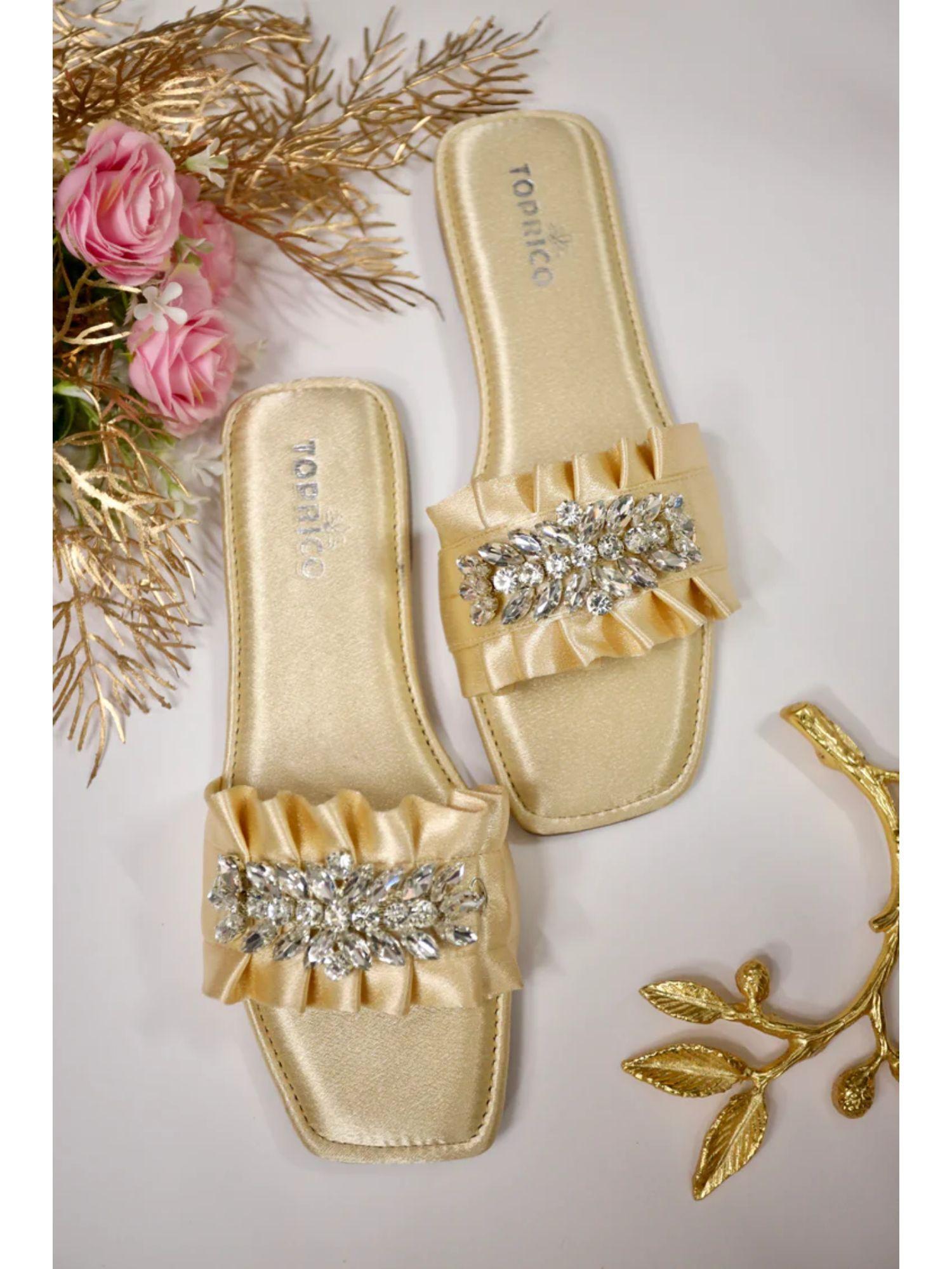 satin sparkle embellished gold flat