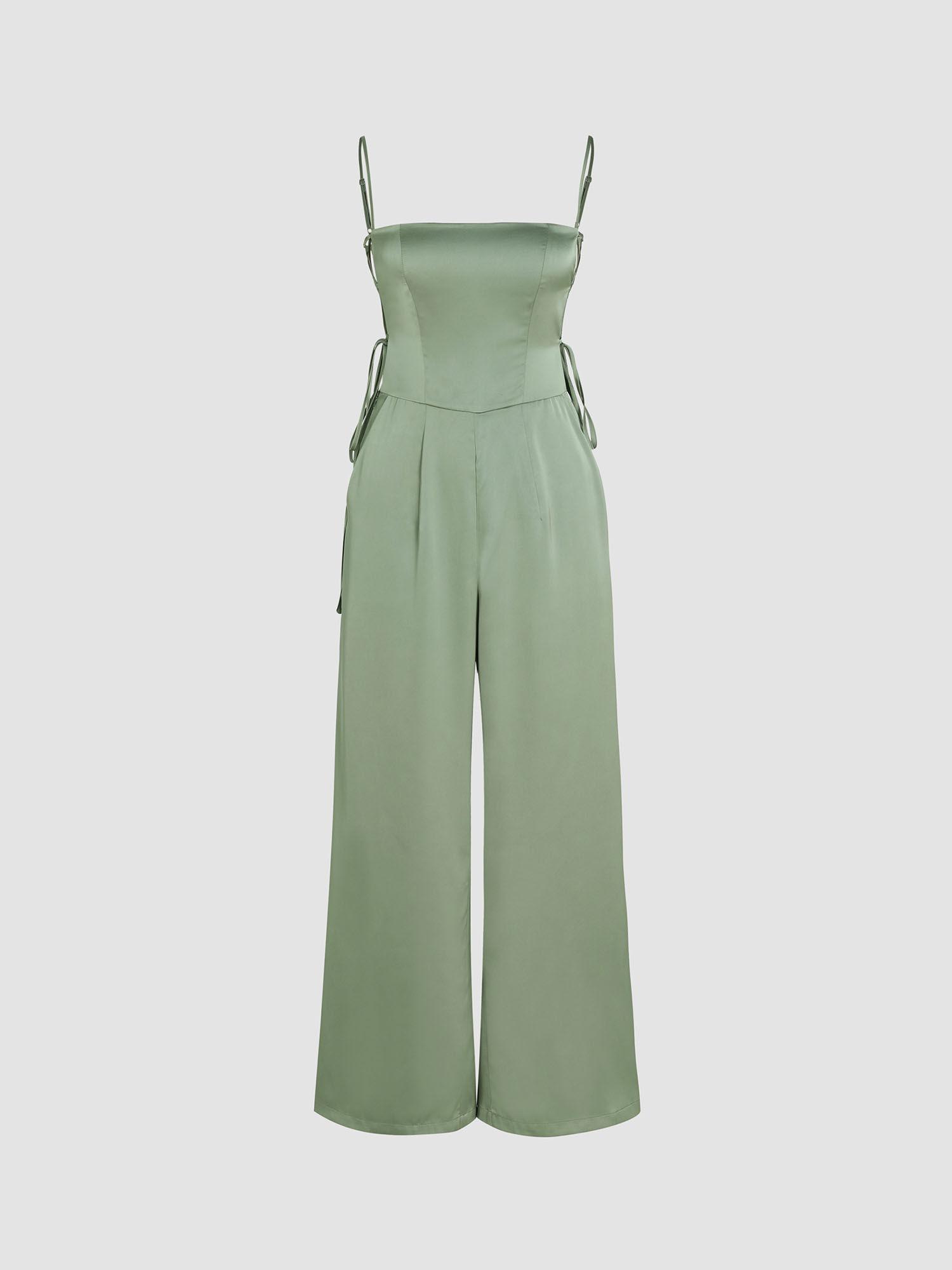 satin square neck knotted wide leg jumpsuit