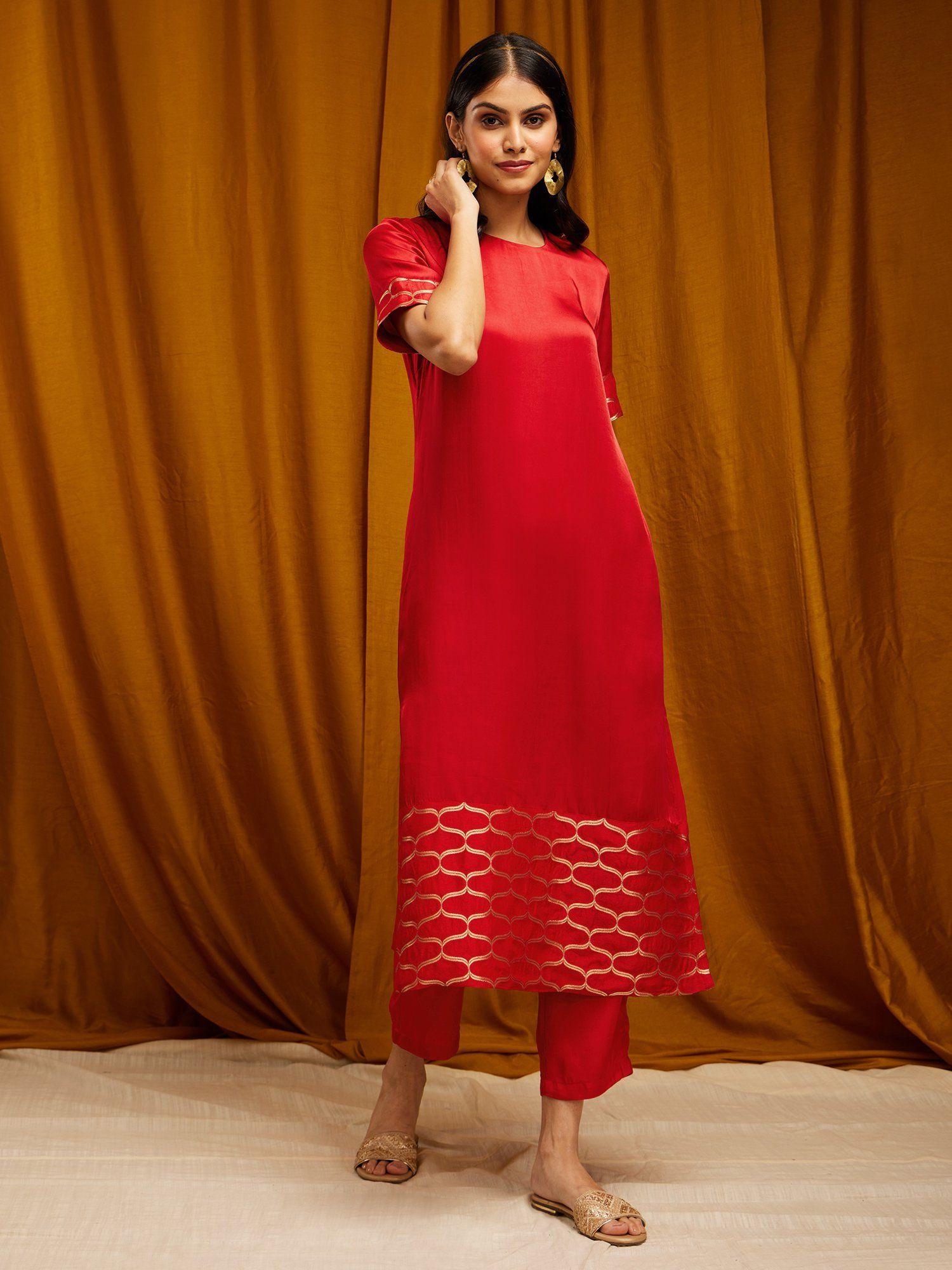 satin straight kurta - red