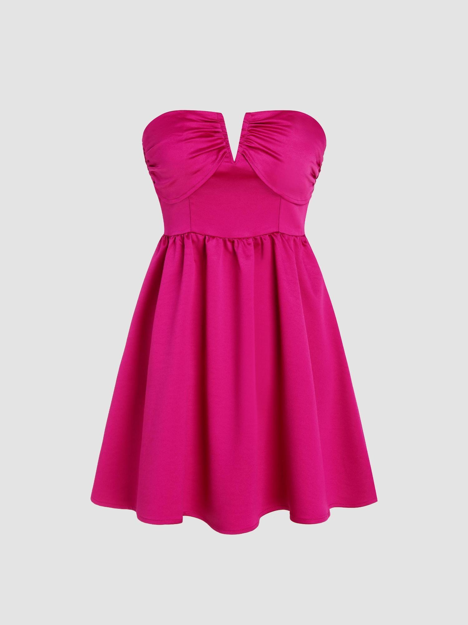 satin strapless solid bowknot ruffle mini dress