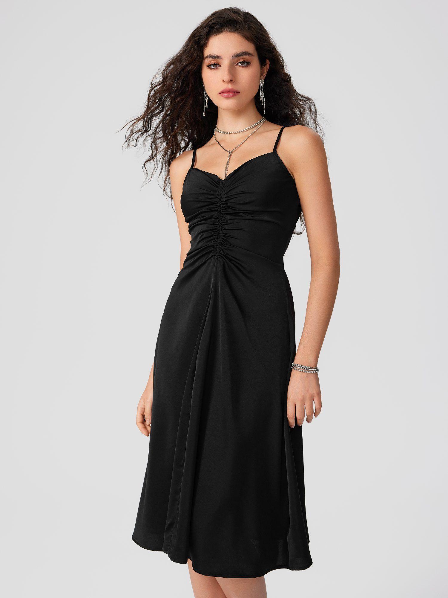 satin sweetheart solid ruched knee dress