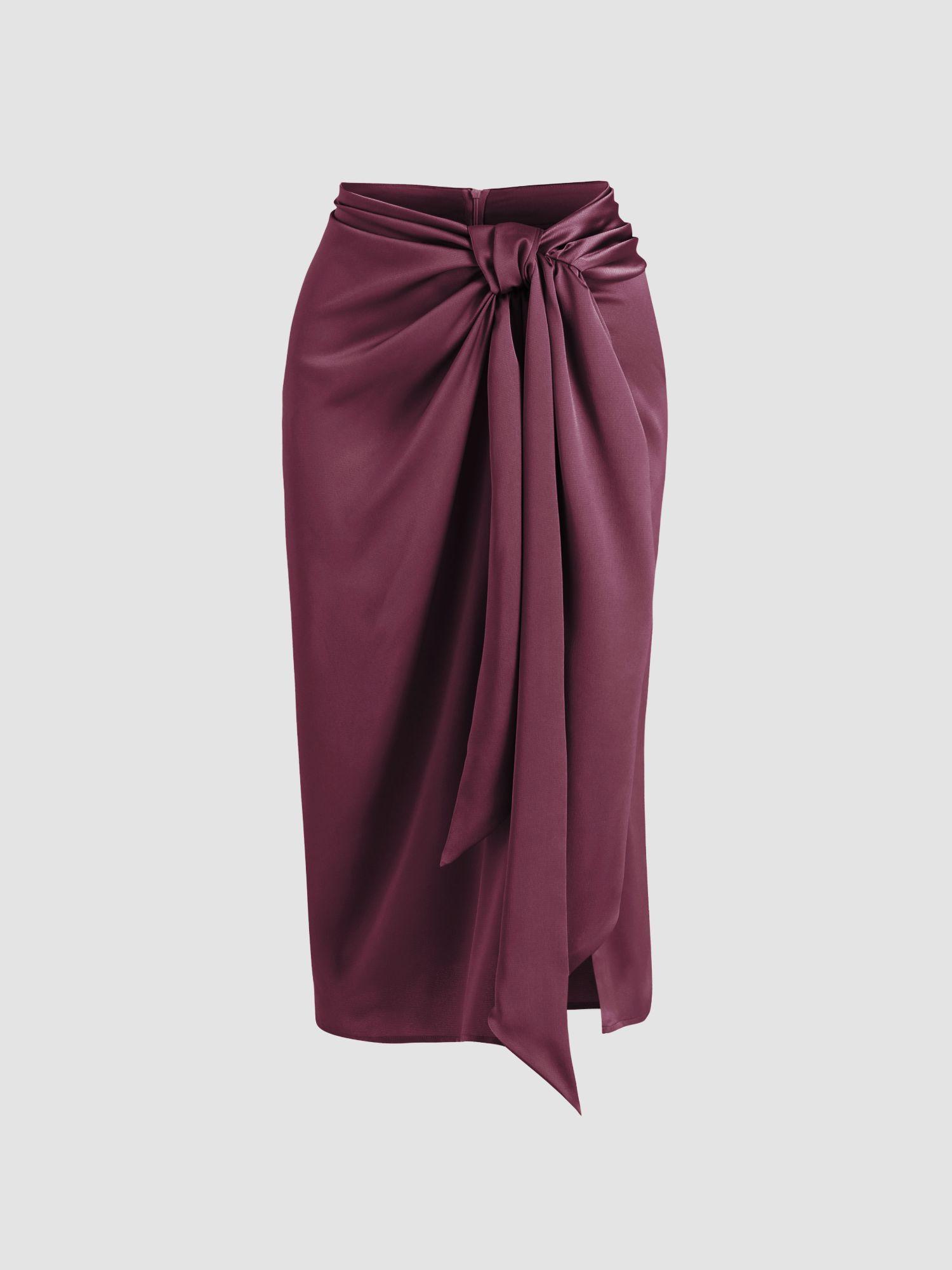 satin tie front slit midi skirt