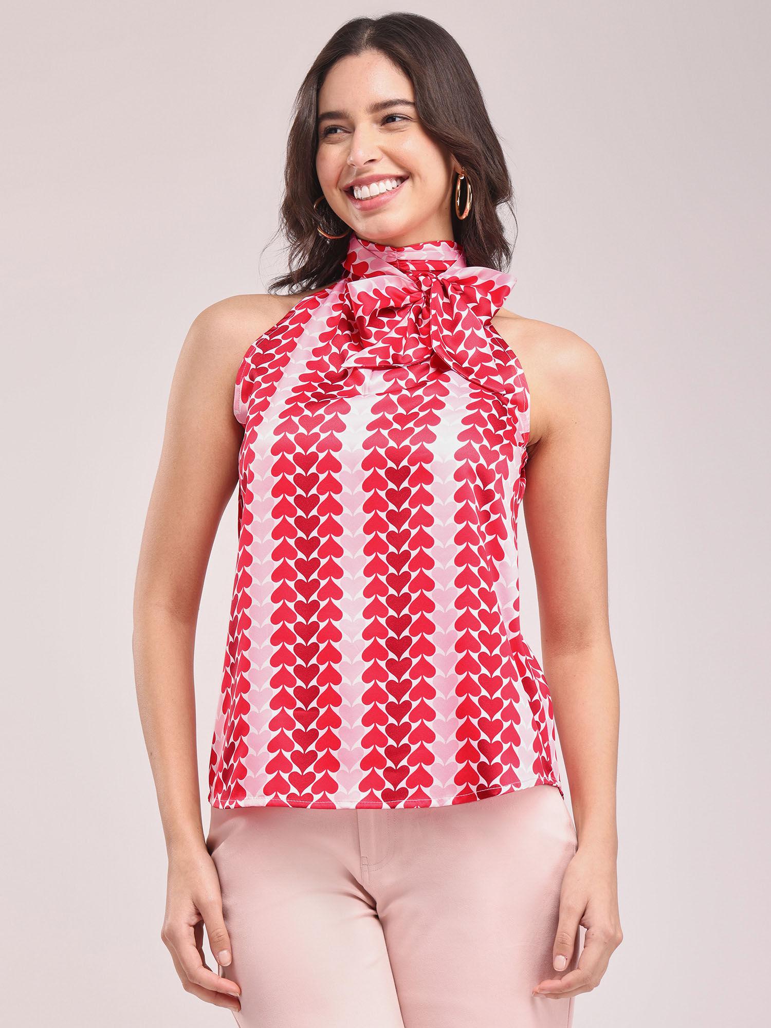 satin tie up neck top - pink and red