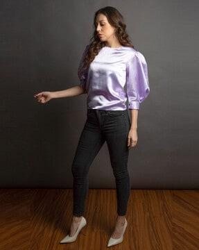 satin top with puff sleeves
