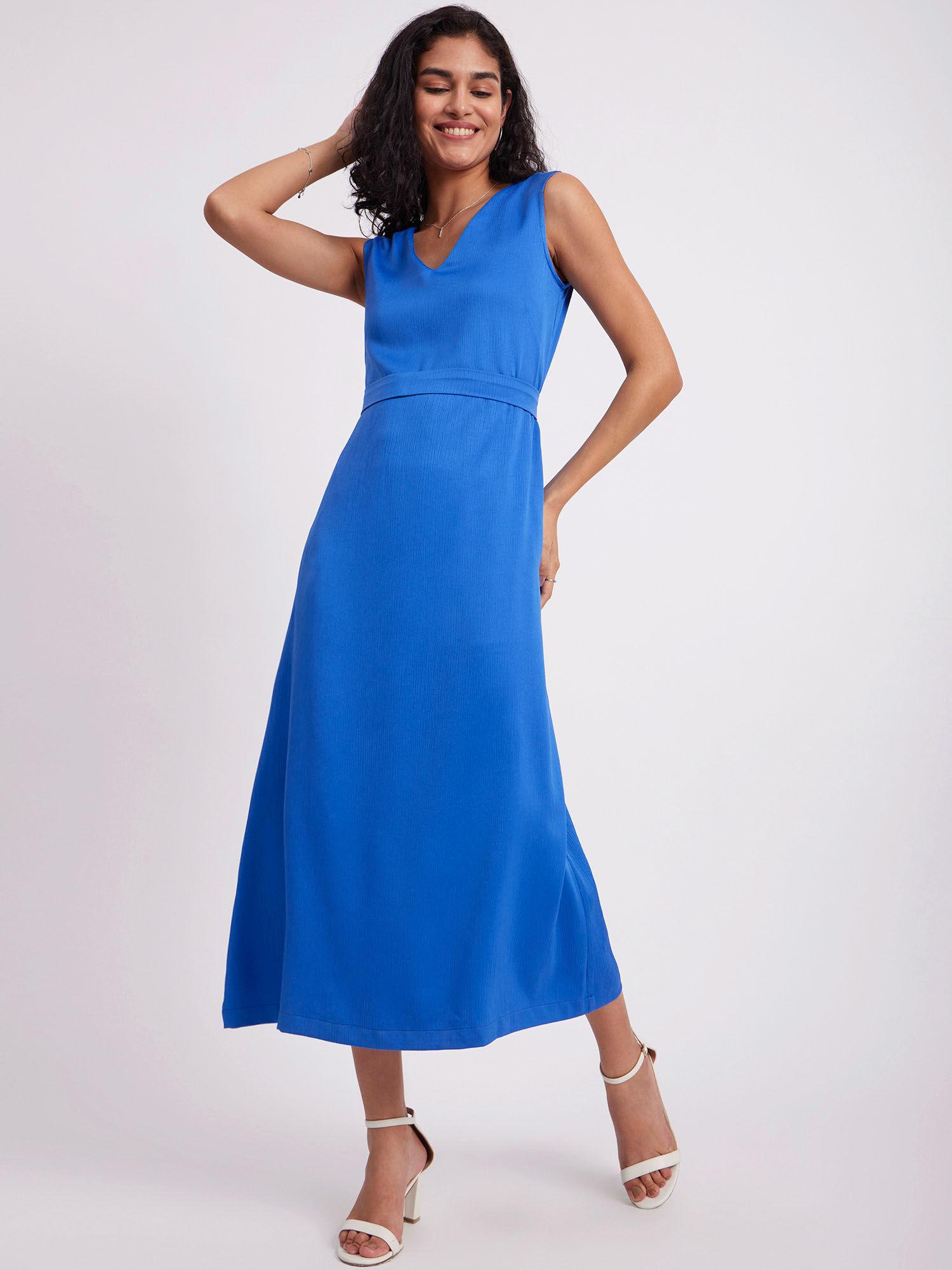 satin v-neck dress with belt - blue (set of 2)