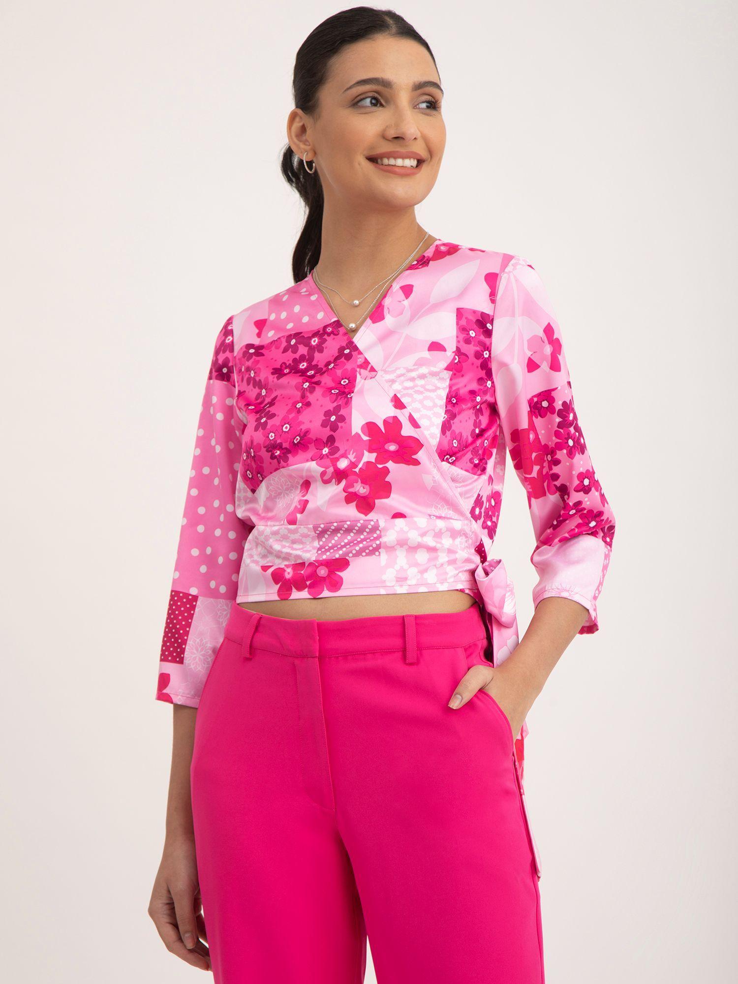 satin wrap top - pink and fuchsia