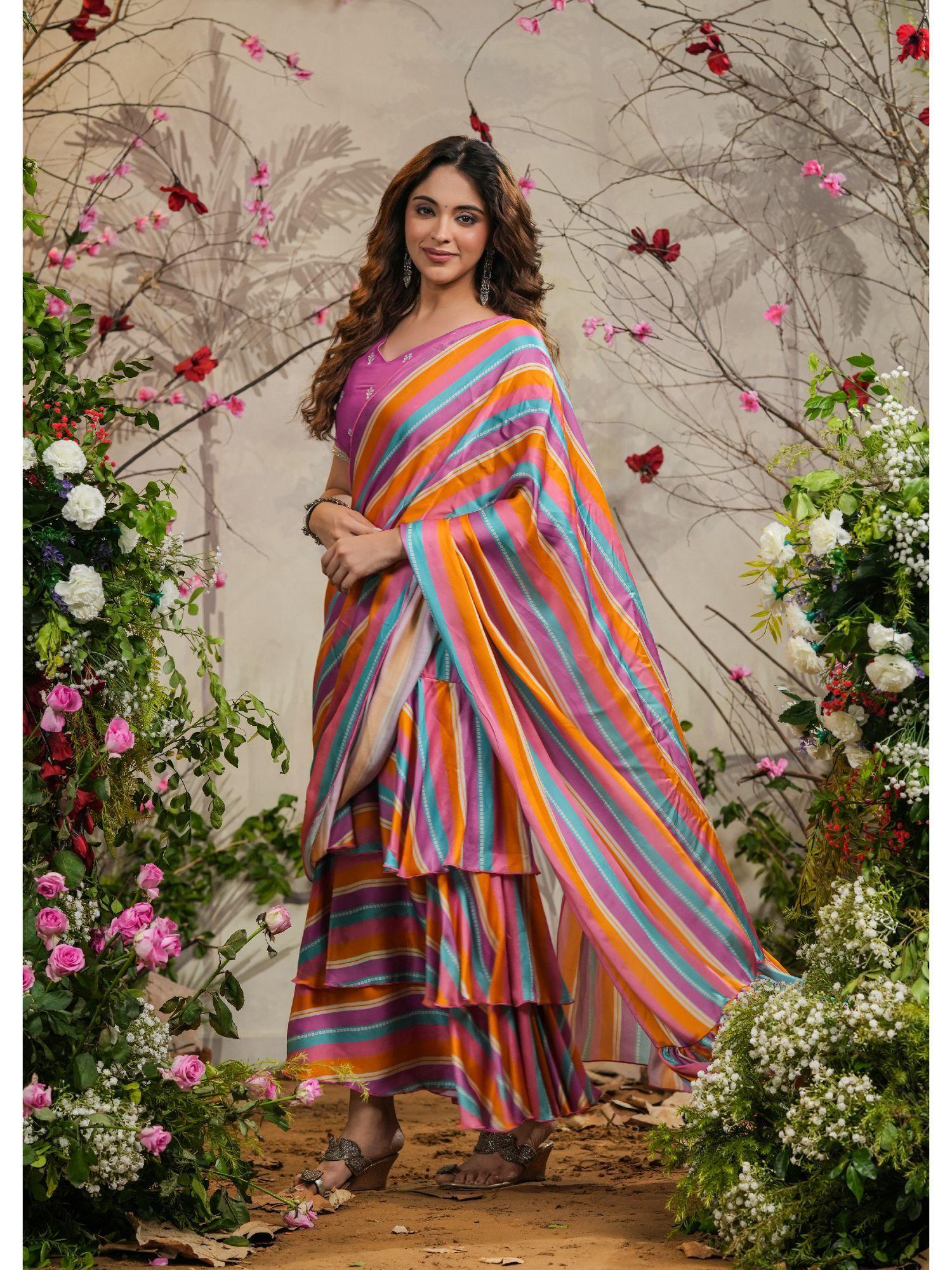 satrangi strips multicolor pre-draped saree with stitched blouse
