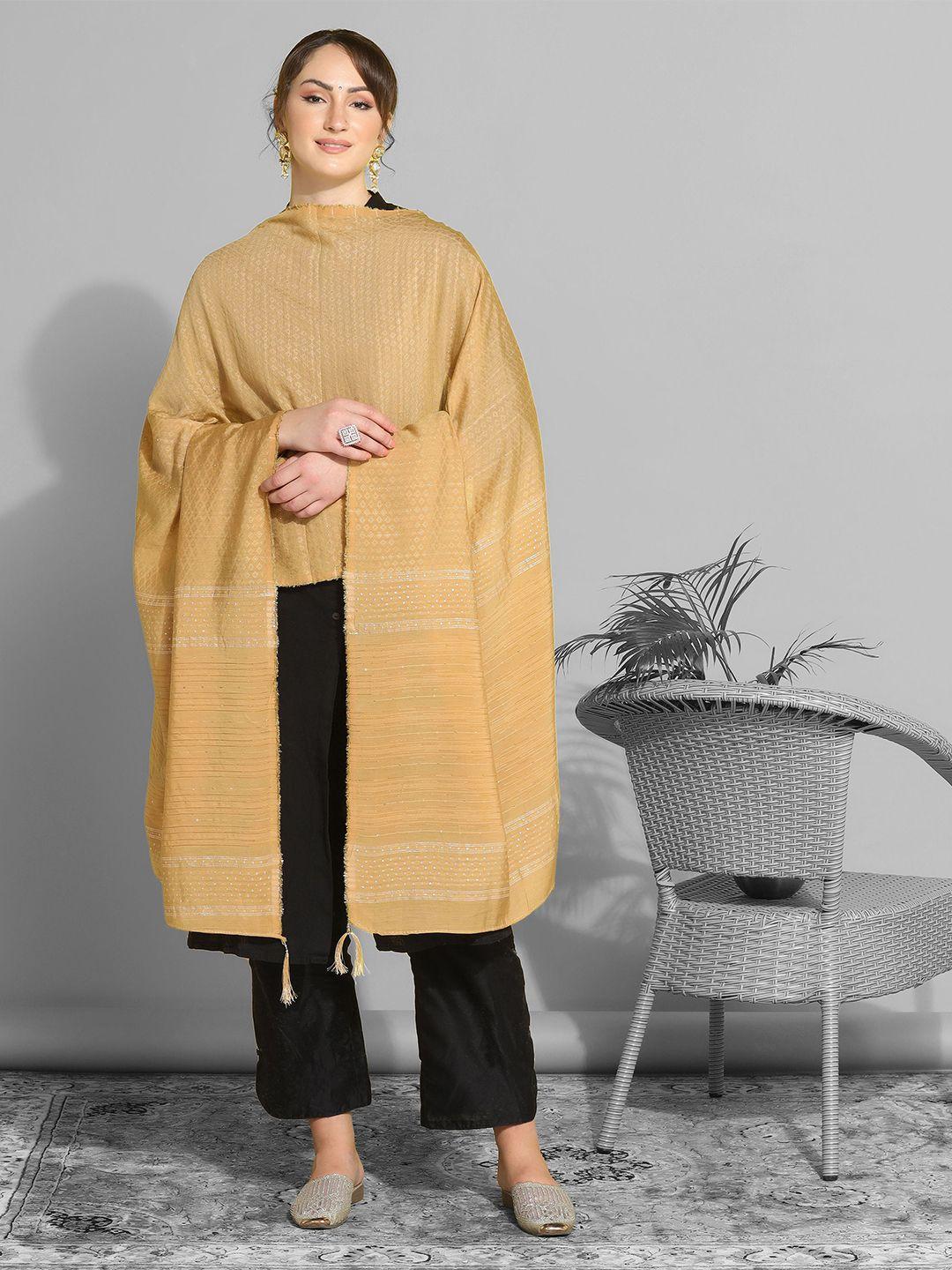 satrani beige & silver-toned geometric woven design cotton silk dupatta