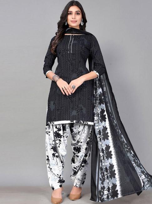 satrani black & white floral print unstitched dress material