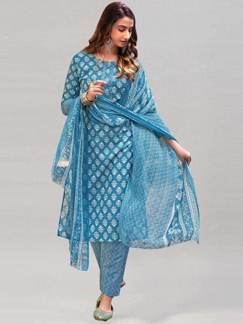 satrani cerulean blue cotton printed unstitched dress material