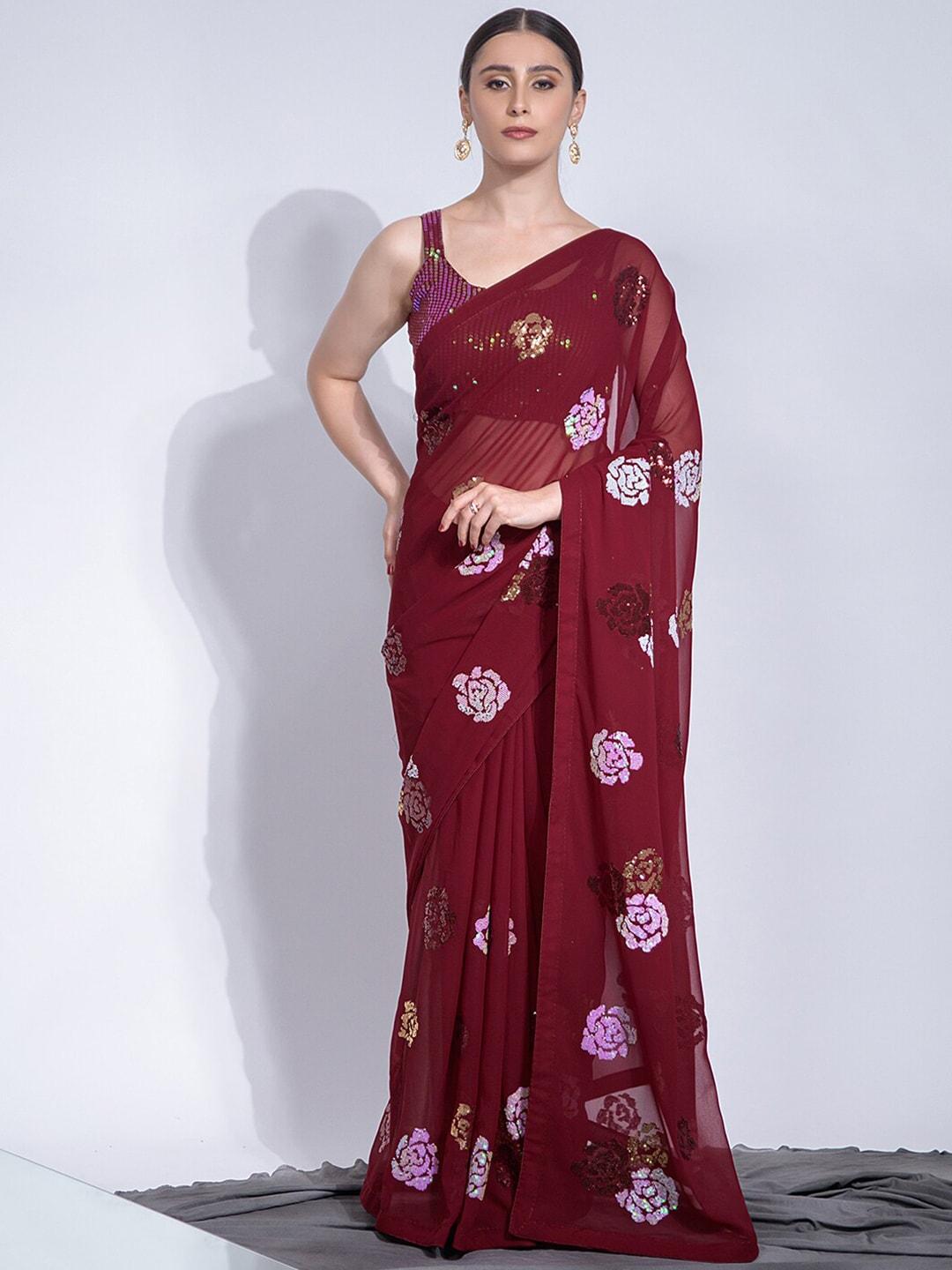satrani floral embellished sequinned poly georgette saree