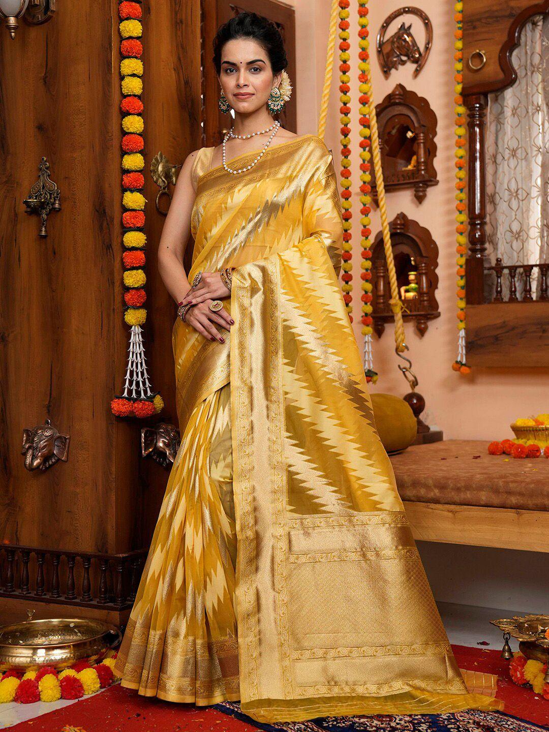 satrani mustard yellow & gold-toned ethnic motifs woven design zari banarasi saree