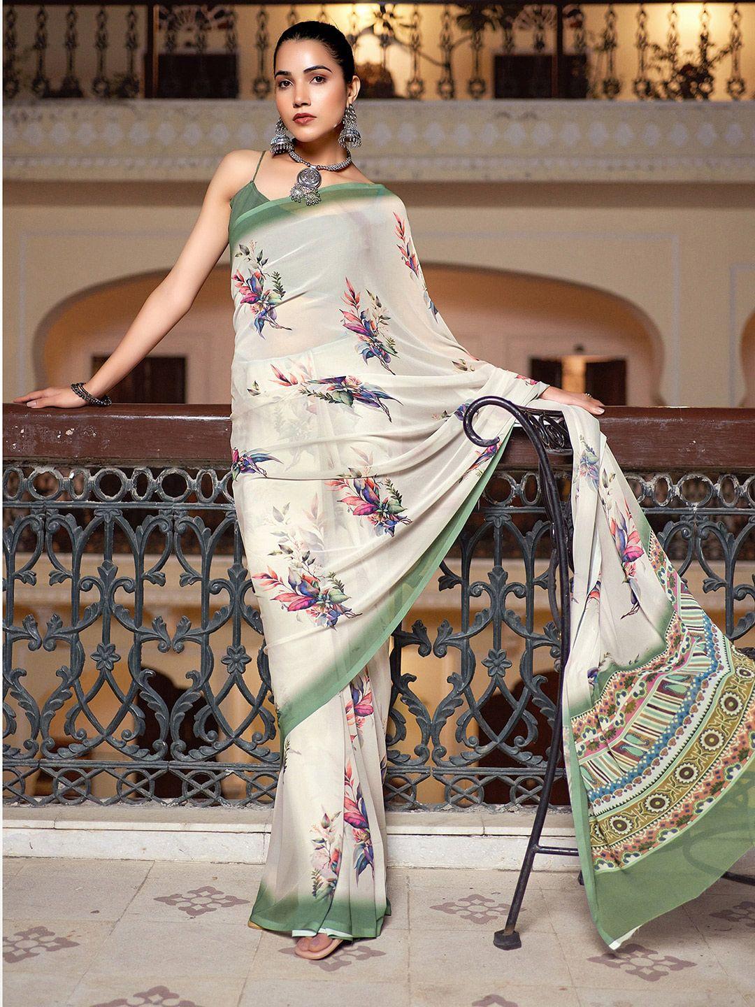 satrani off white & green floral printed saree