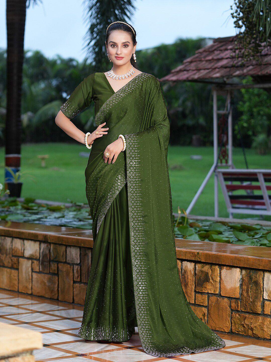 satrani olive green embellished beads and stones poly georgette saree