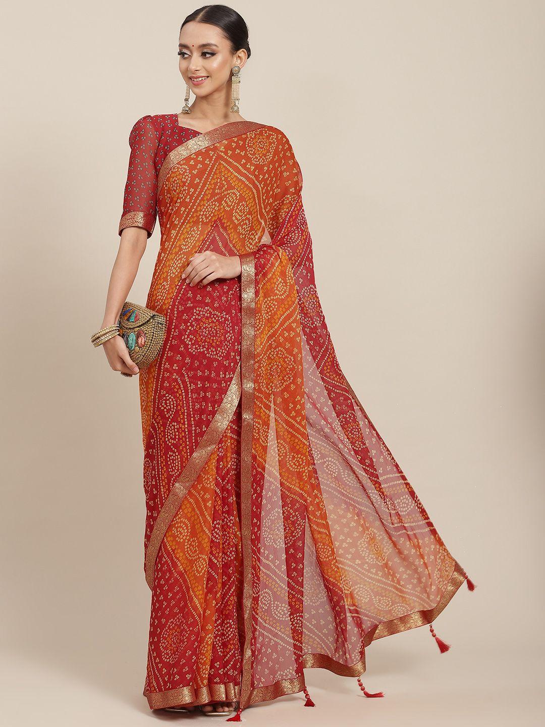satrani orange & red bandhani print saree