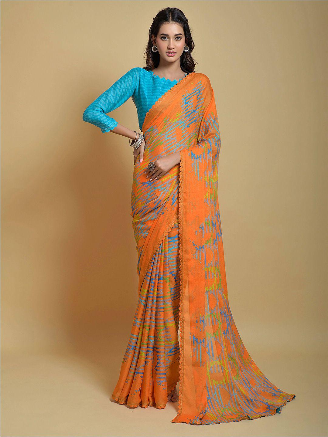 satrani orange-coloured geometric printed embellished saree