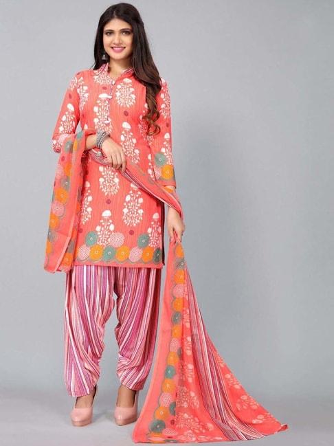 satrani peach printed unstitched dress material