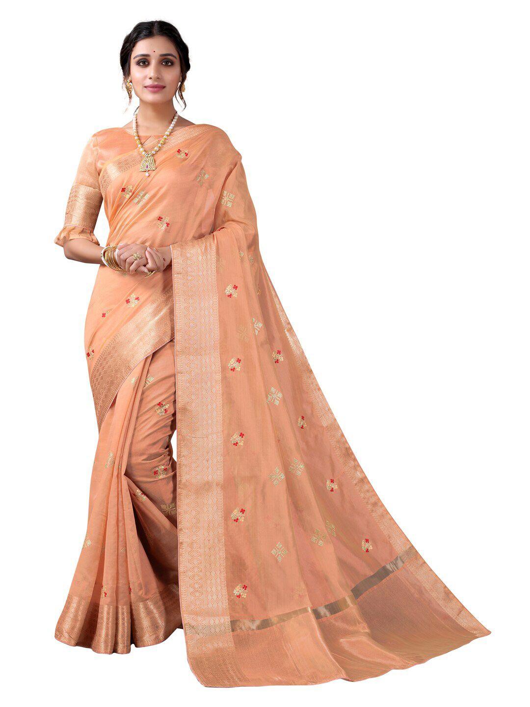 satrani peach-coloured & gold-toned embroidery poly silk saree