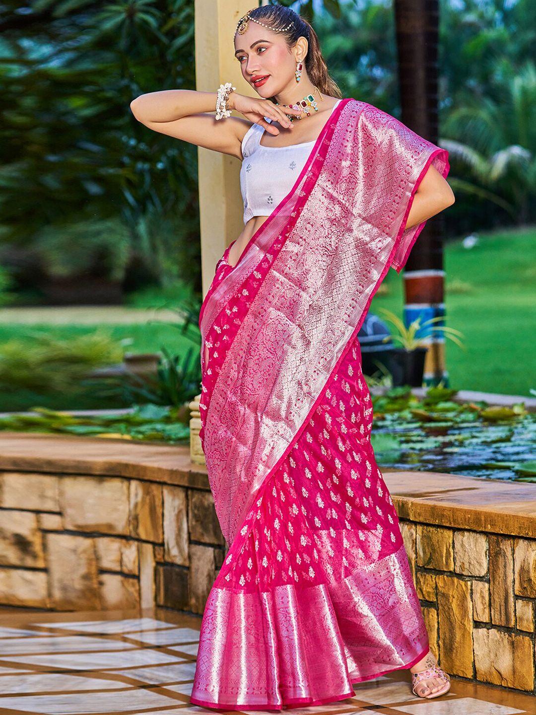 satrani pink & white ethnic motifs zari organza saree