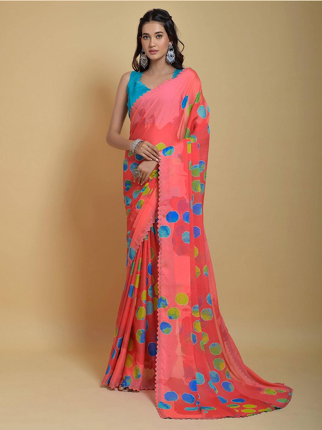 satrani pink geometric printed embellished saree