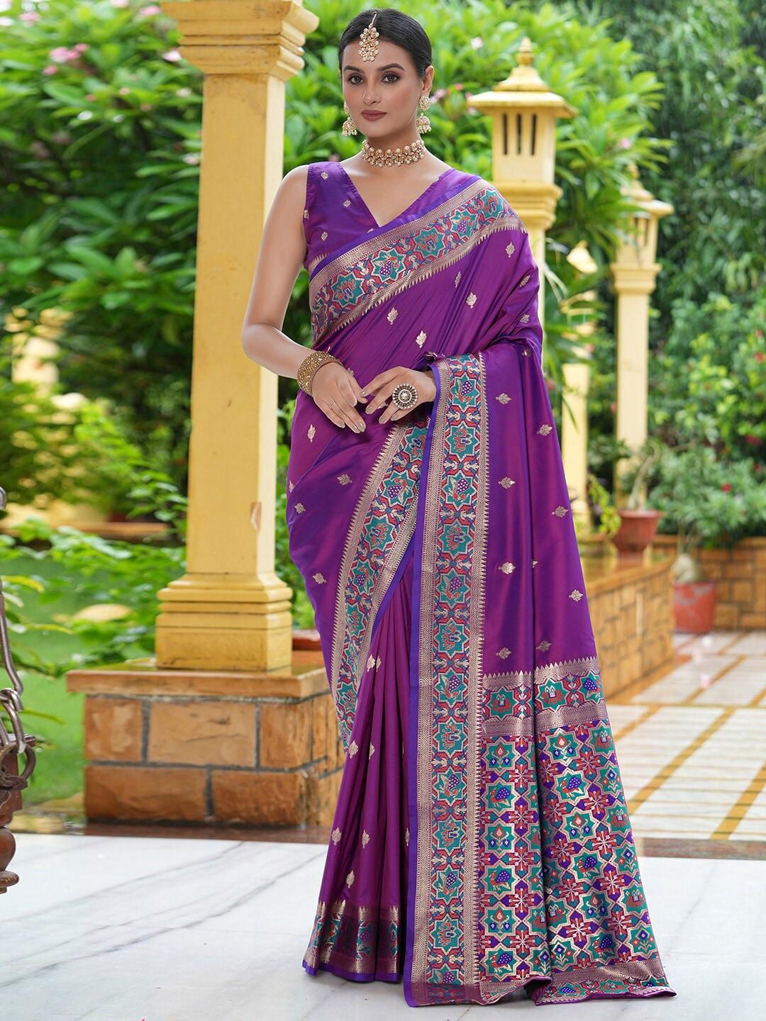 satrani purple & blue woven design zari art silk saree