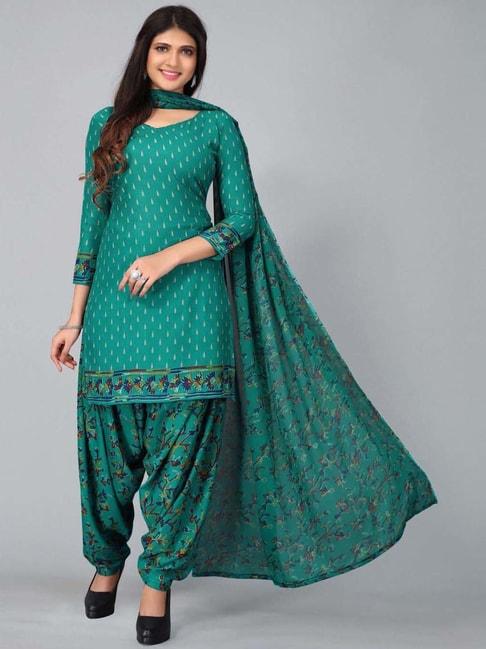satrani rama green printed unstitched crepe dress material