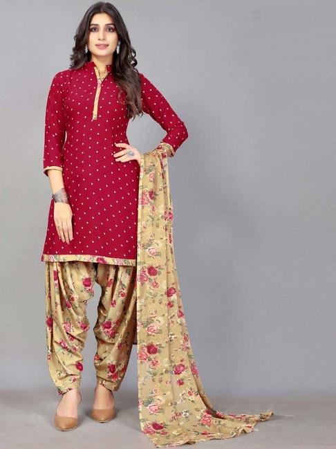 satrani red & beige printed unstitched dress material
