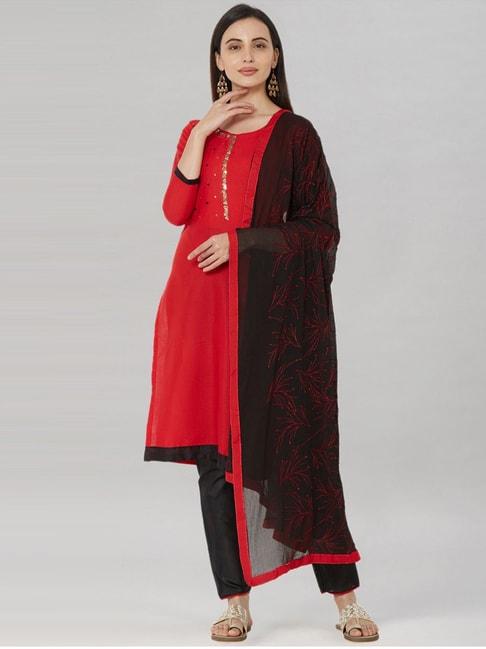 satrani red & black embroidered unstitched dress material