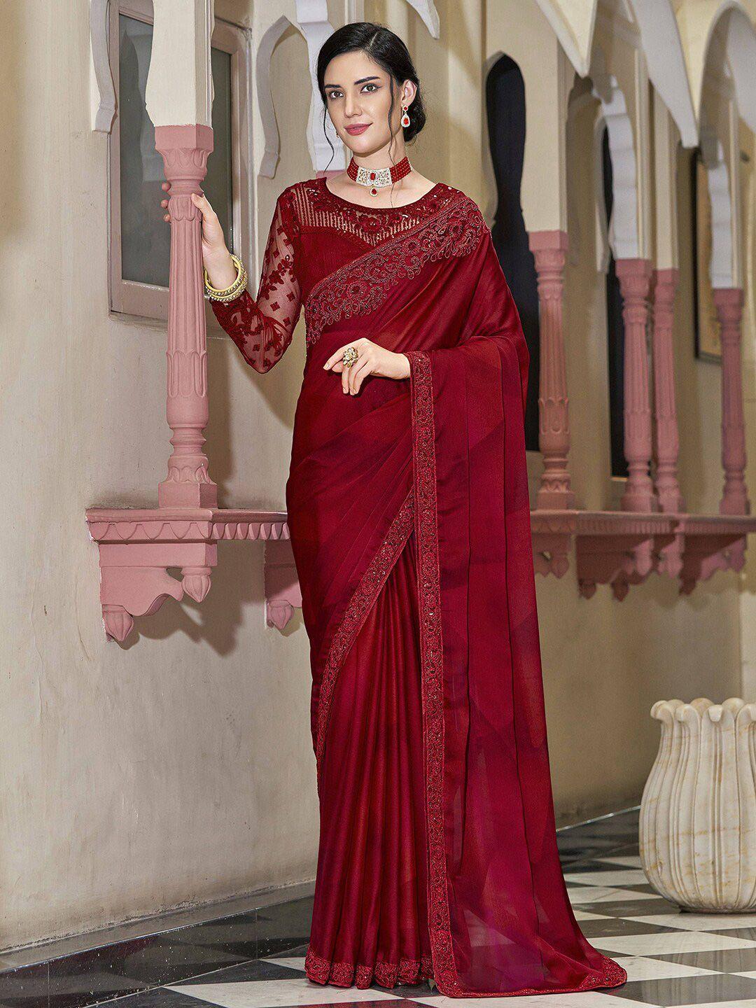 satrani red floral embroidered sequinned pure chiffon saree