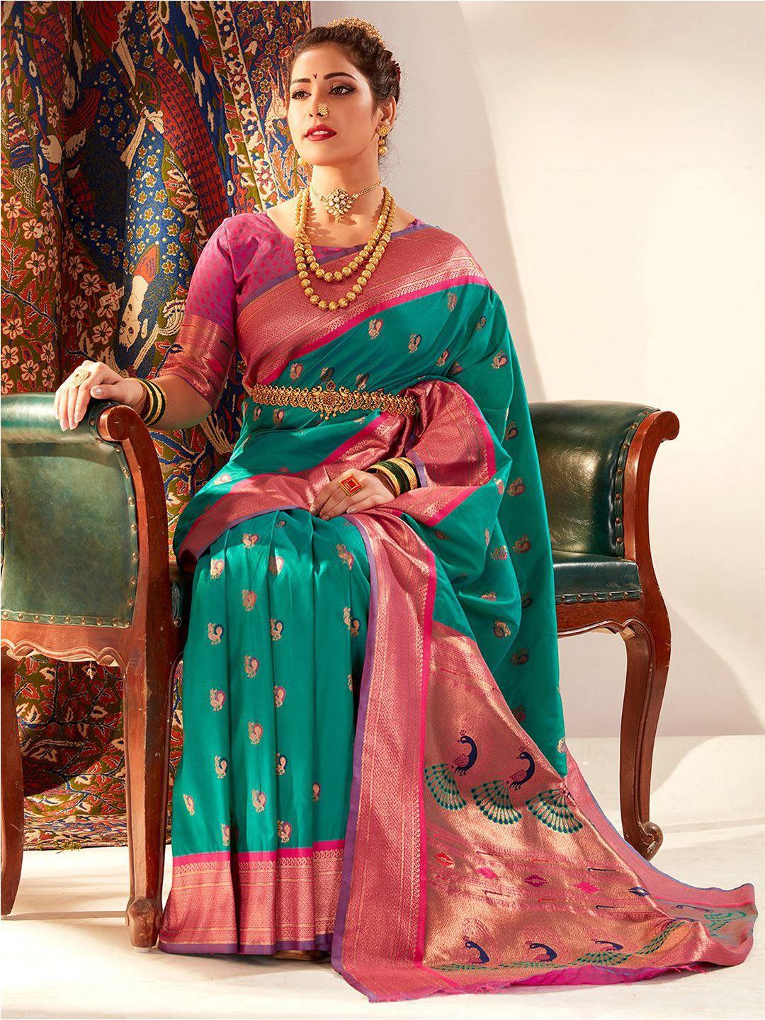 satrani sea green & pink ethnic woven design zari paithani saree