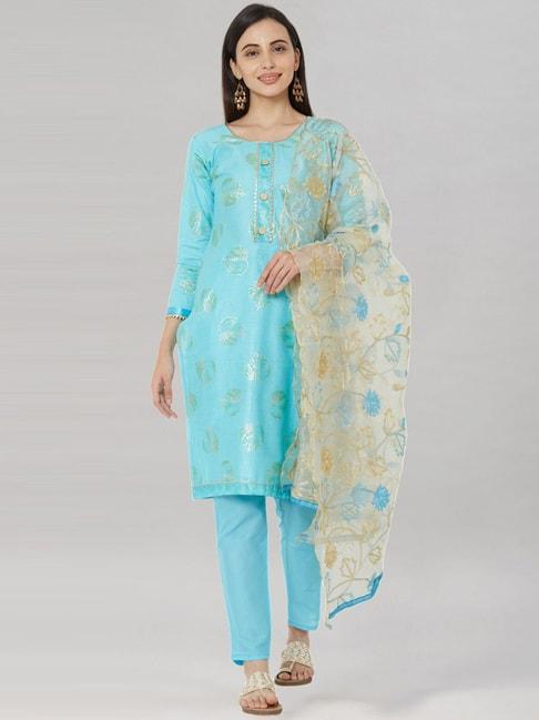 satrani sky blue cotton printed unstitched dress material