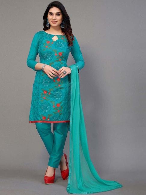 satrani turquoise blue embellished unstitched dress material