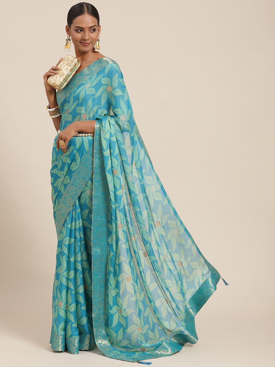 satrani turquoise blue floral  printed chiffon saree