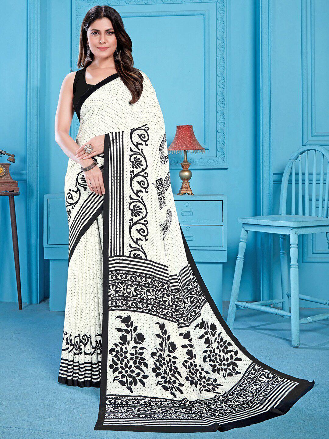 satrani white & black ethnic motifs printed saree