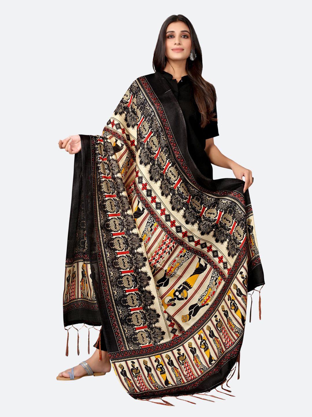 satrani woman cream-coloured & black ethnic motifs printed dupatta