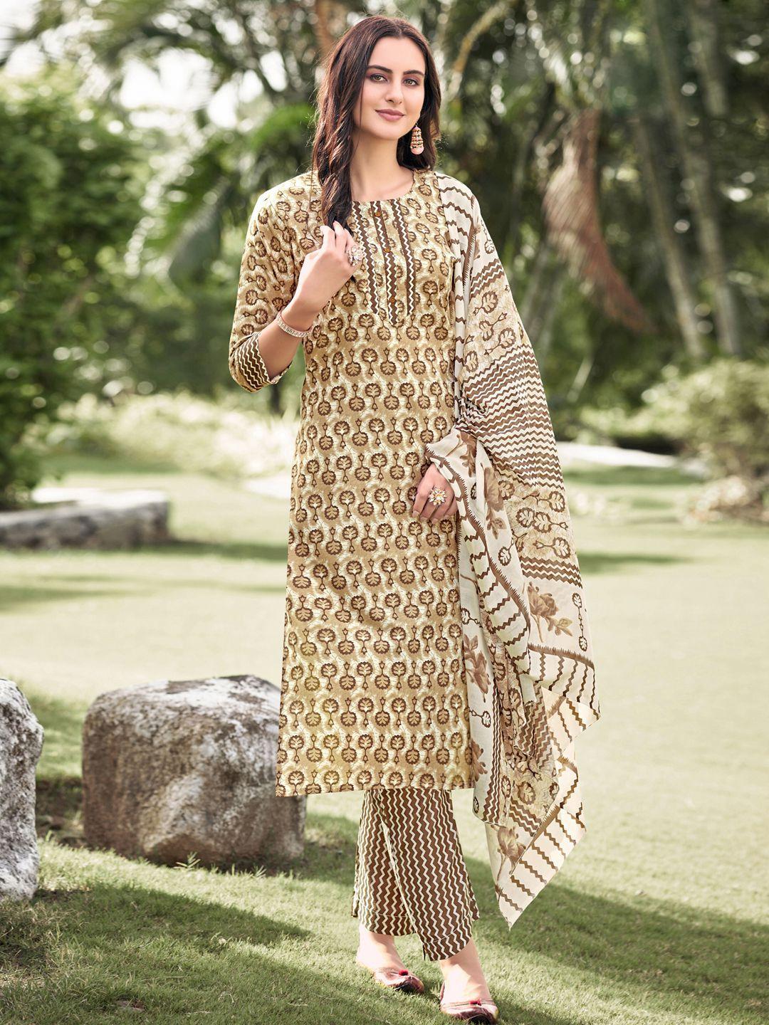 satrani women brown & white printed unstitched dress material