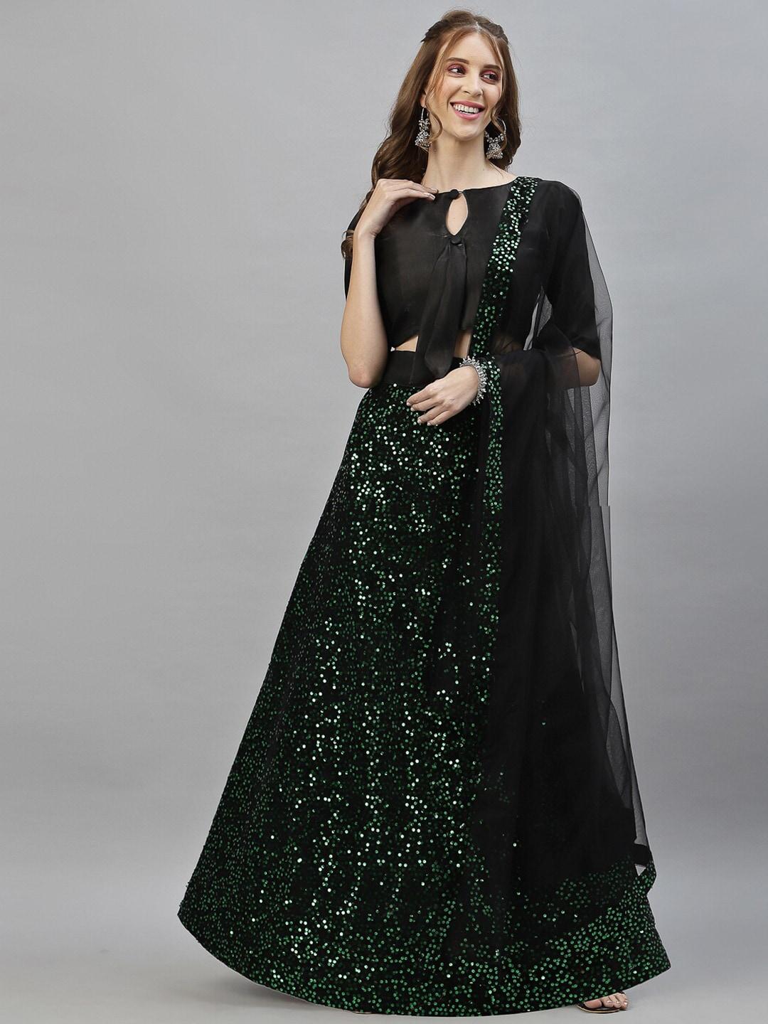satrani women green & black sequinned semi-stitched lehenga & unstitched choli & dupatta